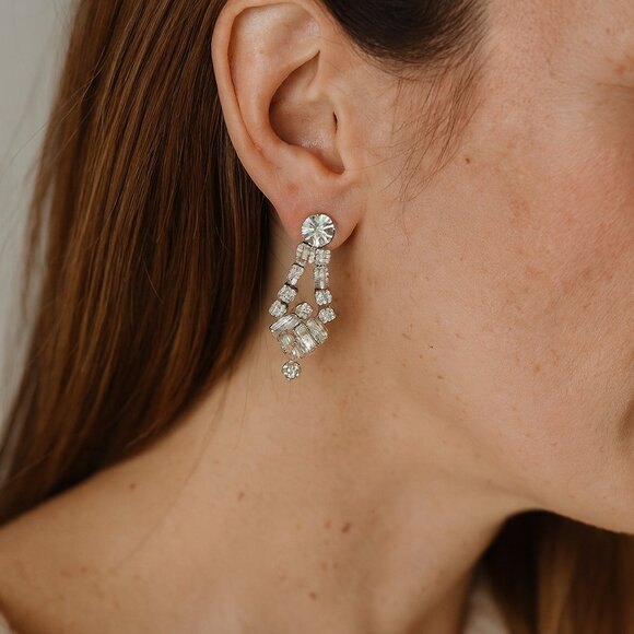 Vintage Rhinestone Screw-Back Earrings – Silver-Tone Chandelier, 1.5” - Picture 1 of 6